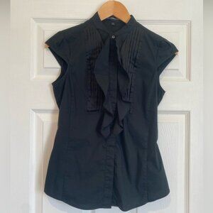 Y2K Express Black Ruffled Cap Sleeve Blouse with Pleated Details